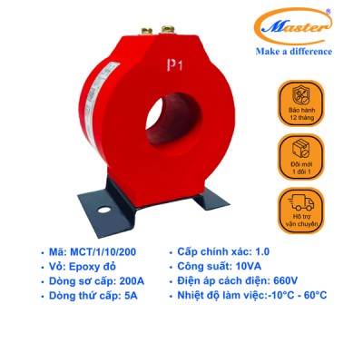 Biến Dòng Đo Lường MCT 200/5A CL1.0 10VA Master - Đúc Epoxy Tròn Đỏ