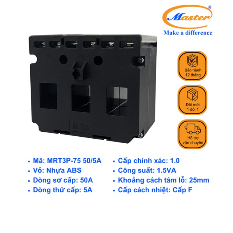 Biến Dòng Đo Lường Hộp Nhựa 3 Pha MRT3P-75 50/5A CL1.0 1.5VA Master