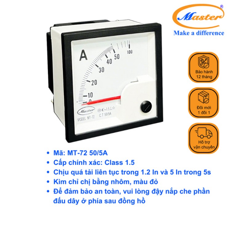 Đồng Hồ Đo Ampe MT-72 50/5A CL1.5 Master