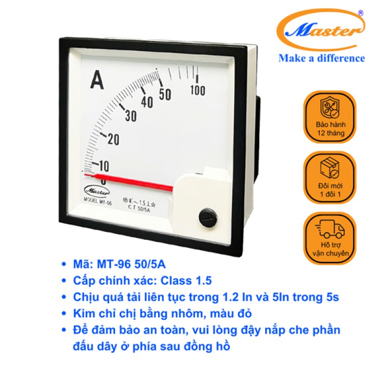 Đồng Hồ Đo Ampe MT-96 50/5A CL1.5 Master