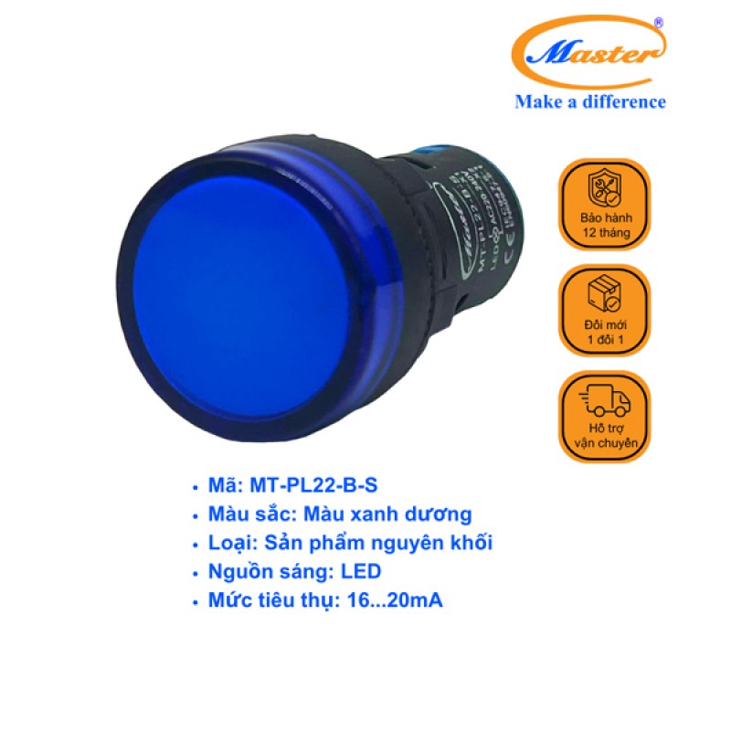 Đèn Báo Pha Xanh Dương Master - Đầu Phẳng