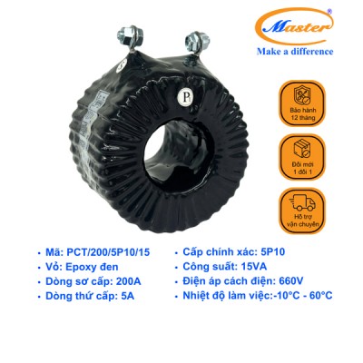 Biến Dòng Bảo Vệ PCT 200/5A 5P10 15VA Master - Đúc Epoxy Tròn Đen