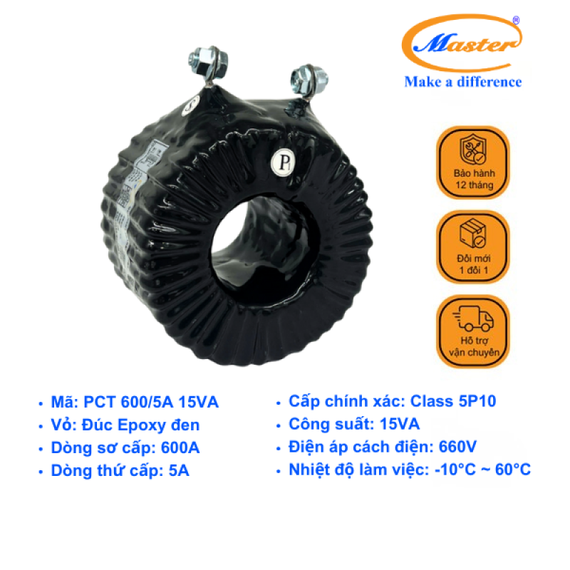 Biến Dòng Bảo Vệ PCT 600/5A 5P10 15VA Master - Đúc Epoxy Tròn Đen