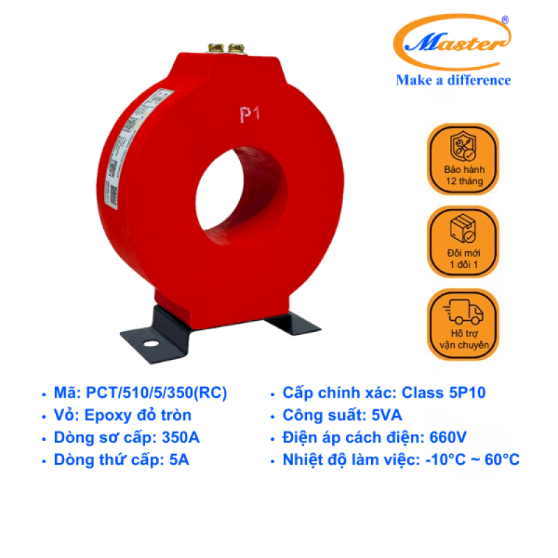 Biến Dòng Bảo Vệ PCT 350/5A 5P10 5VA Master - Đúc Epoxy Tròn Đỏ