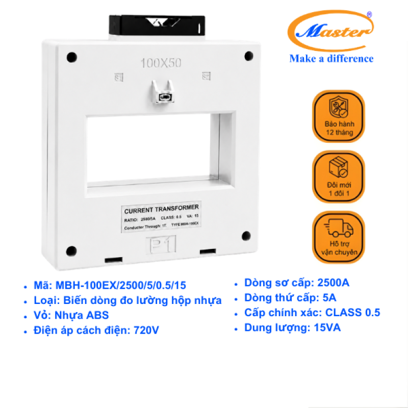 Biến Dòng Đo Lường MBH-100EX 2500/5A CL0.5 15VA Master - Loại Epoxy Vỏ Nhựa