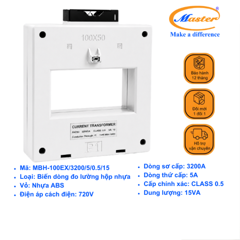 Biến Dòng Đo Lường MBH-100EX 3200/5A CL0.5 15VA Master - Loại Epoxy Vỏ Nhựa