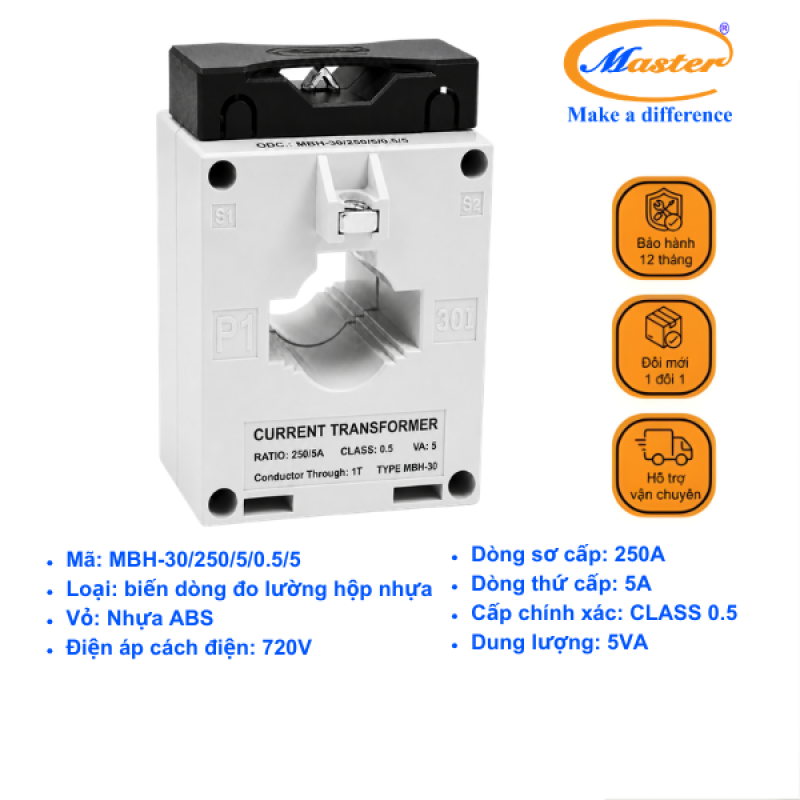 Biến Dòng Đo Lường Hộp Nhựa MBH-30 250/5A CL0.5 5VA Master