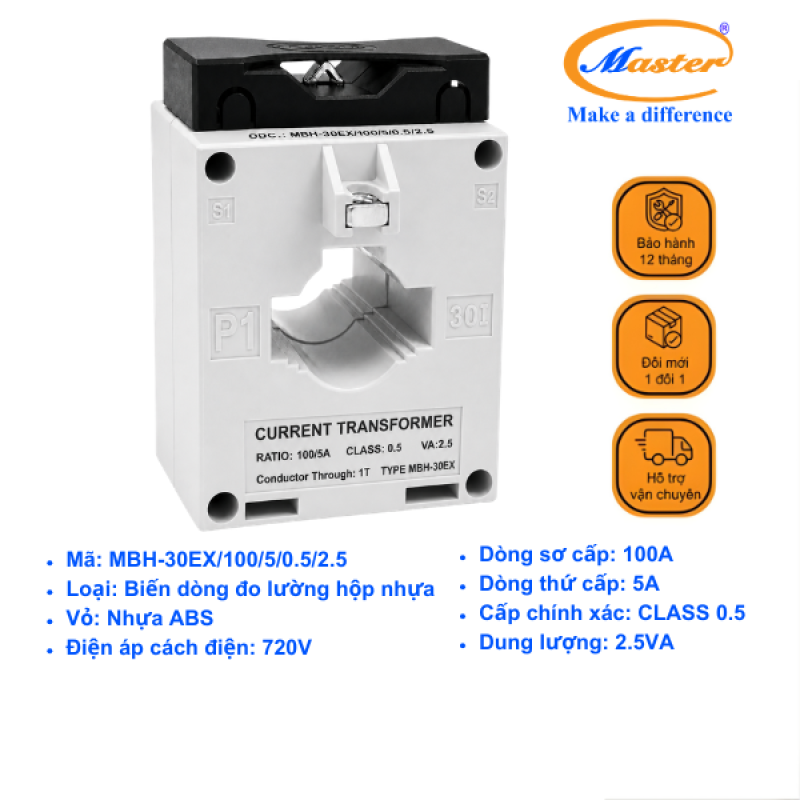 Biến Dòng Đo Lường MBH-30EX 100/5A CL0.5 2.5VA Master - Loại Epoxy Vỏ Nhựa