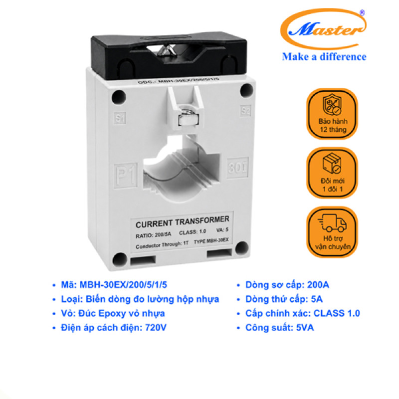 Biến Dòng Đo Lường MBH-30EX 20/5A CL1.0 5VA Master - Loại Epoxy Vỏ Nhựa
