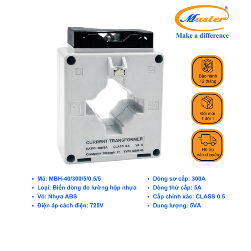 Biến Dòng Đo Lường Hộp Nhựa MBH-40 300/5A CL0.5 5VA Master
