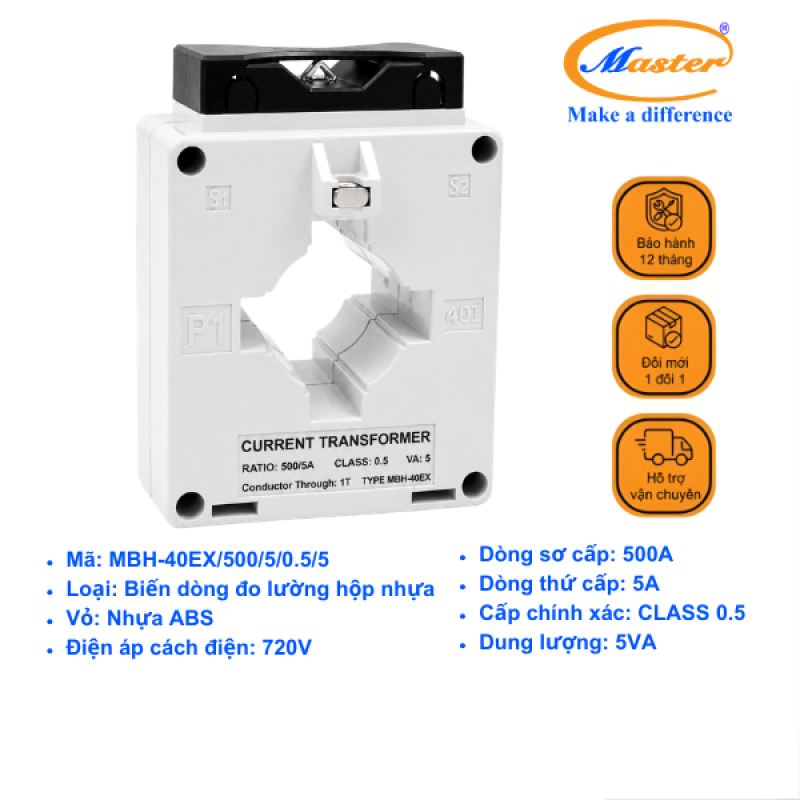 Biến Dòng Đo Lường MBH-40EX 500/5A CL0.5 5VA Master - Loại Epoxy Vỏ Nhựa