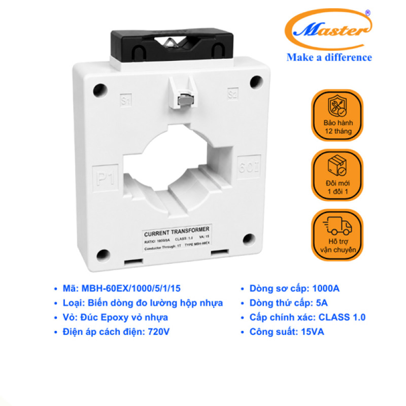 Biến Dòng Đo Lường MBH-60EX 1000/5A CL1.0 15VA Master - Loại Epoxy Vỏ Nhựa