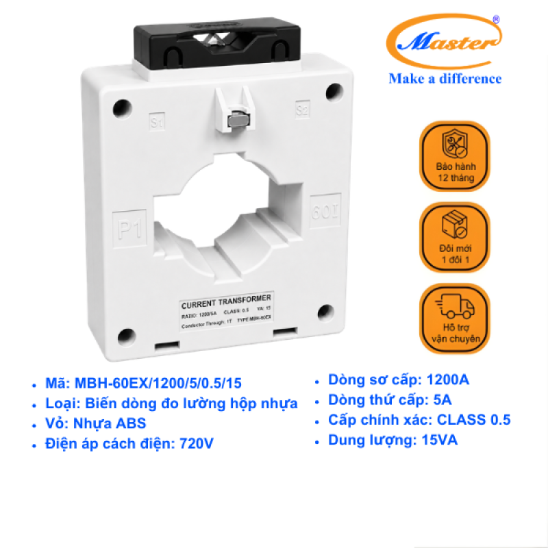 Biến Dòng Đo Lường MBH-60EX 1200/5A CL0.5 15VA Master - Loại Epoxy Vỏ Nhựa