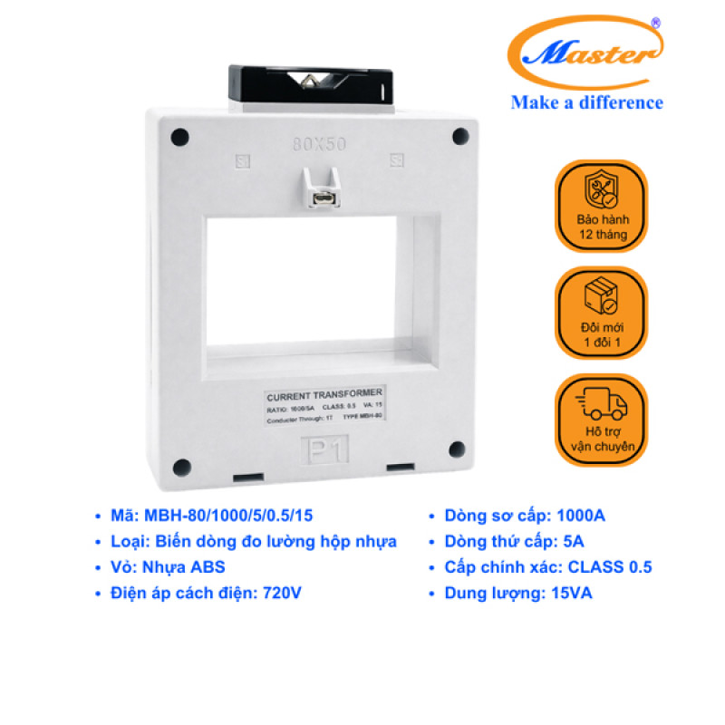 Biến Dòng Đo Lường Hộp Nhựa MBH-80 1000/5A CL0.5 15VA Master