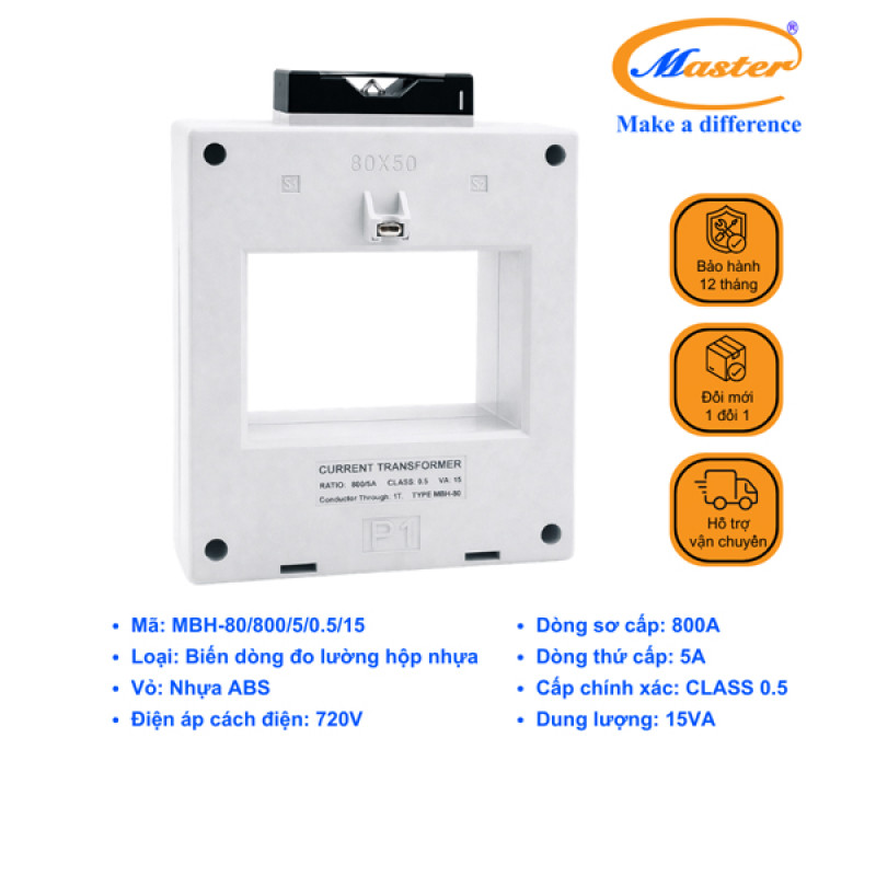 Biến Dòng Đo Lường Hộp Nhựa MBH-80 800/5A CL0.5 15VA Master