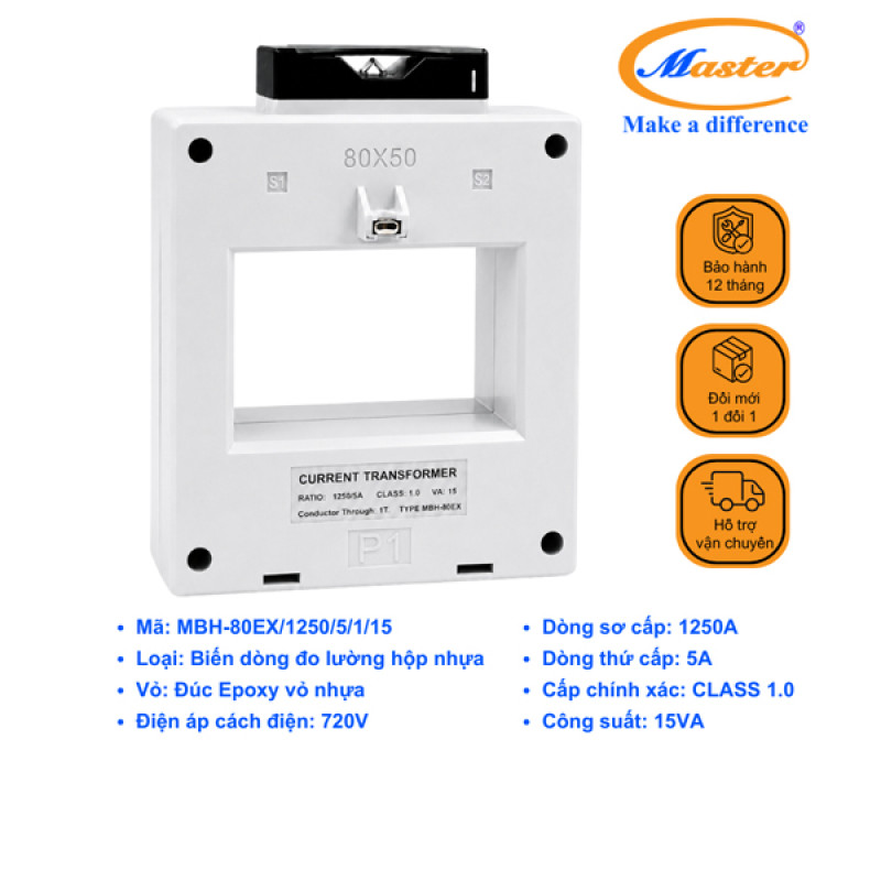 Biến Dòng Đo Lường MBH-80EX 1250/5A CL1.0 15VA Master - Loại Epoxy Vỏ Nhựa