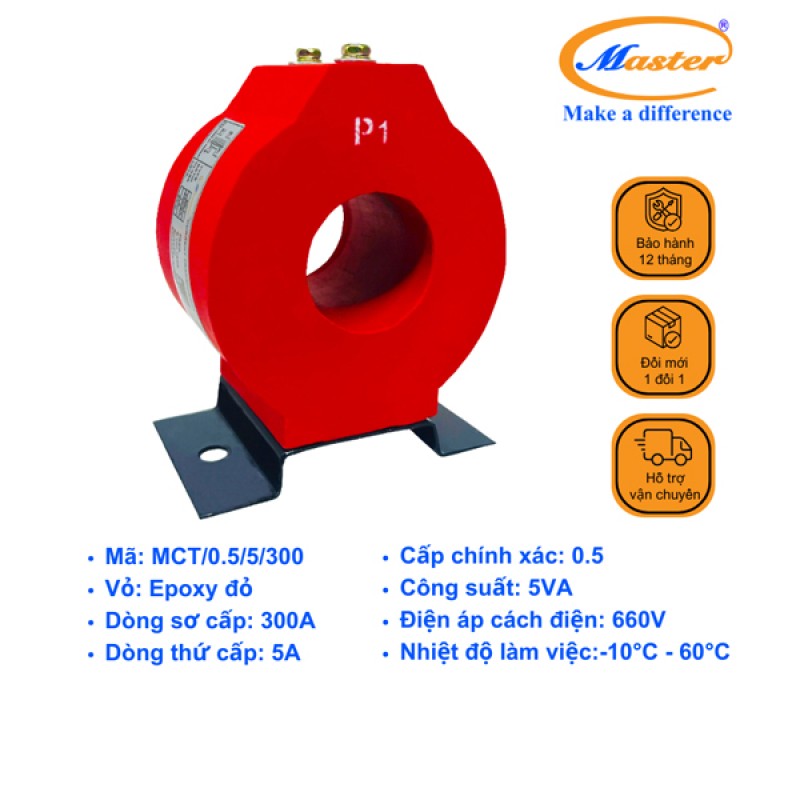 Biến Dòng Đo Lường MCT 300/5A CL0.5 5VA Master - Đúc Epoxy Tròn Đỏ