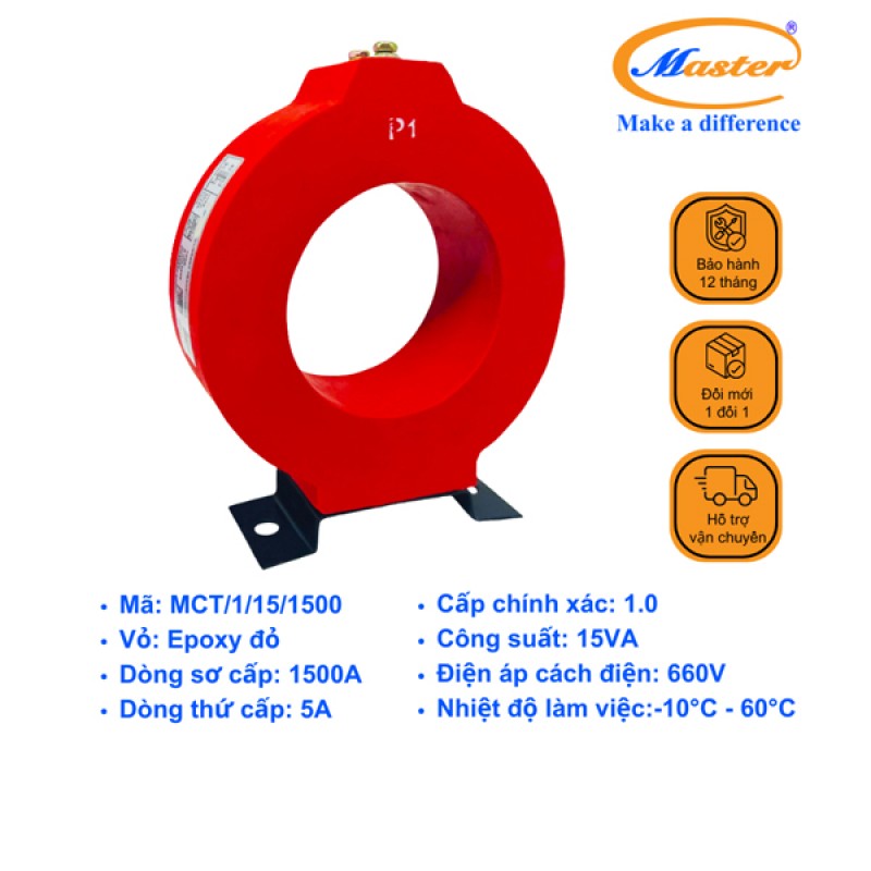 Biến Dòng Đo Lường MCT 1500/5A CL1.0 15VA Master - Đúc Epoxy Tròn Đỏ