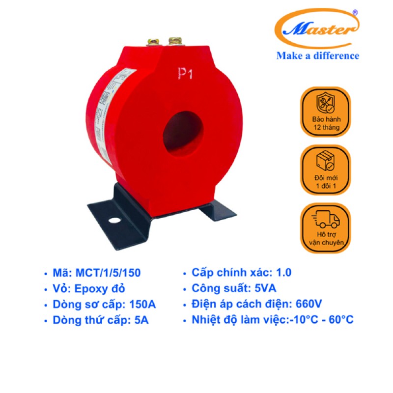 Biến Dòng Đo Lường MCT 150/5A CL1.0 5VA Master - Đúc Epoxy Tròn Đỏ