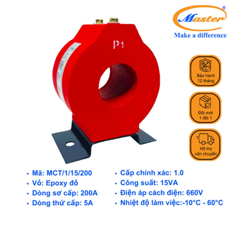 Biến Dòng Đo Lường MCT 200/5A CL1.0 15VA Master - Đúc Epoxy Tròn Đỏ