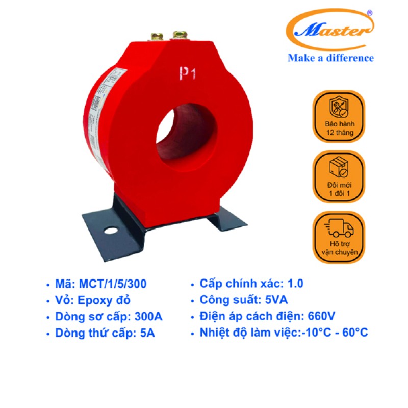 Biến Dòng Đo Lường MCT 300/5A CL1.0 5VA Master - Đúc Epoxy Tròn Đỏ