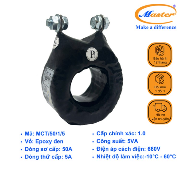 Biến Dòng Đo Lường MCT 50/5A CL1.0 5VA Master - Đúc Epoxy Tròn Đen