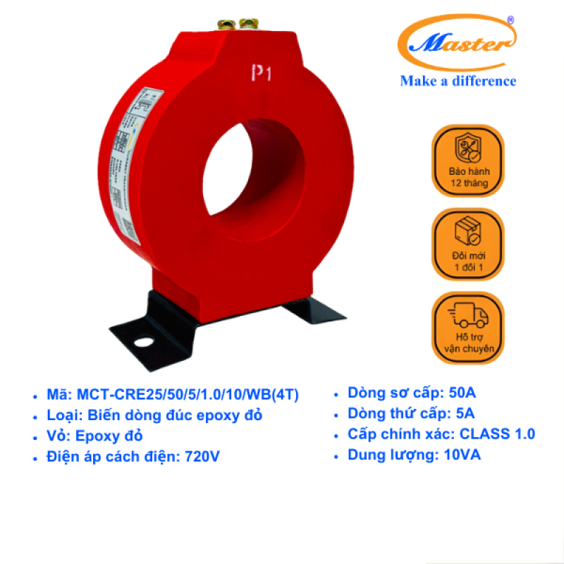Biến Dòng Đo Lường MCT 50/5A CL1.0 10VA Master - Đúc Epoxy Tròn Đỏ