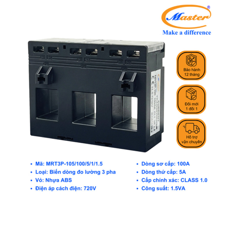 Biến Dòng Đo Lường Hộp Nhựa 3 Pha MRT3P-105 100/5A CL1.0 1.5VA Master