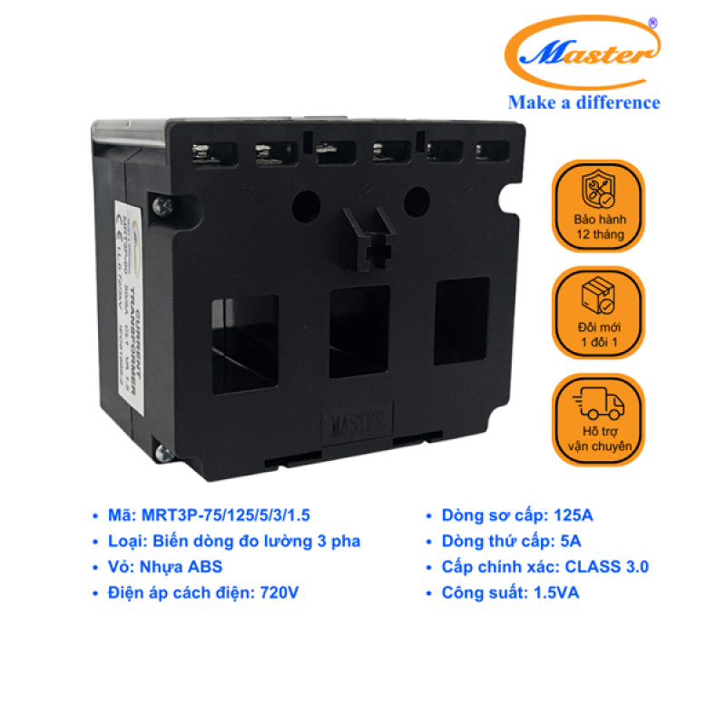 Biến Dòng Đo Lường Hộp Nhựa 3 Pha MRT3P-75 125/5A CL1.0 1.5VA Master