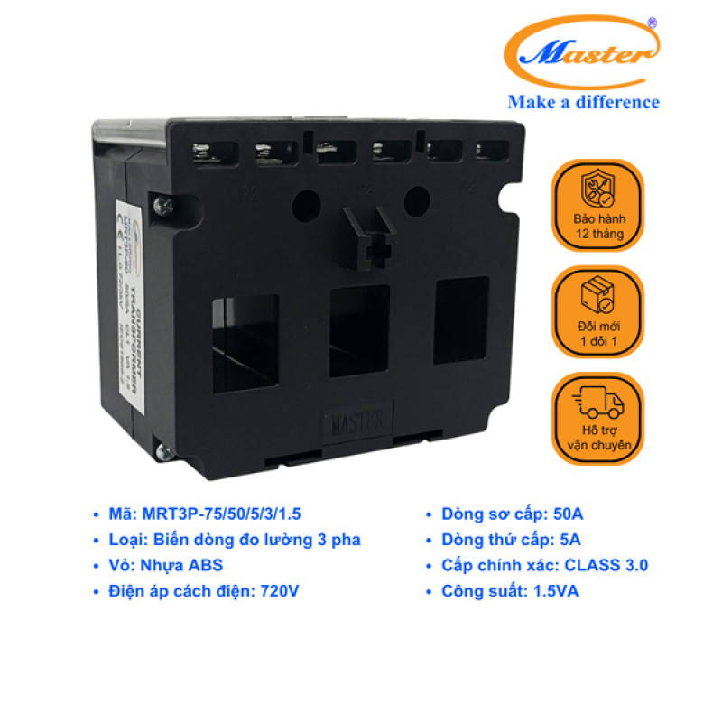 Biến Dòng Đo Lường Hộp Nhựa 3 Pha MRT3P-75 50/5A CL1.0 1.5VA Master
