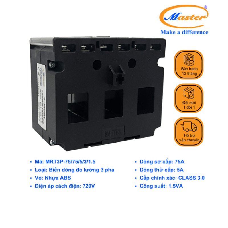 Biến Dòng Đo Lường Hộp Nhựa 3 Pha MRT3P-75 75/5A CL1.0 1.5VA Master