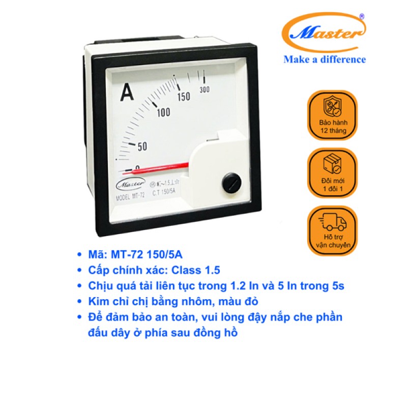 Đồng Hồ Đo Ampe MT-72 150/5A CL1.5 Master