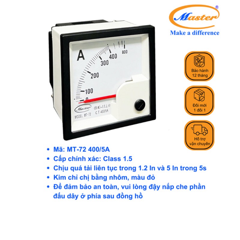 Đồng Hồ Đo Ampe MT-72 400/5A CL1.5 Master