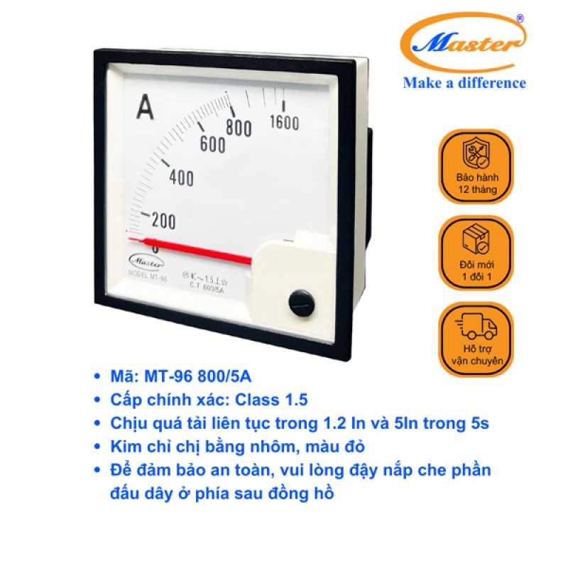 Đồng Hồ Đo Ampe MT-96 800/5A CL1.5 Master