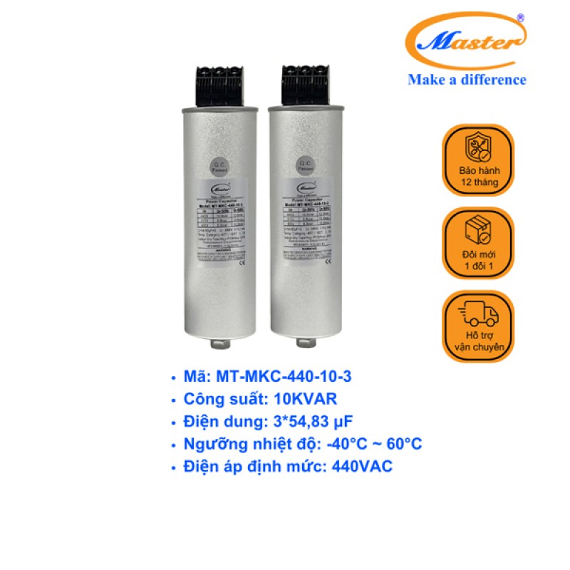 Tụ Bù Chống Cháy Nổ Master Tròn Loại Khô 3P 10KVAR 440VAC