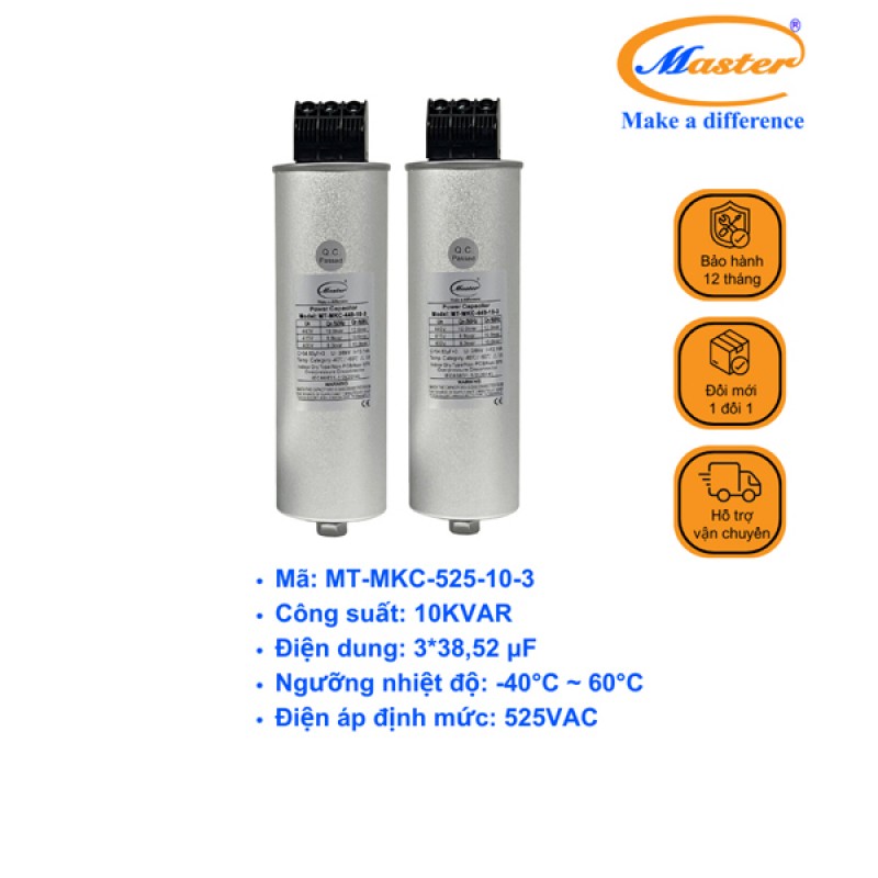 Tụ Bù Chống Cháy Nổ Master Tròn Loại Khô 3P 10KVAR 525VAC