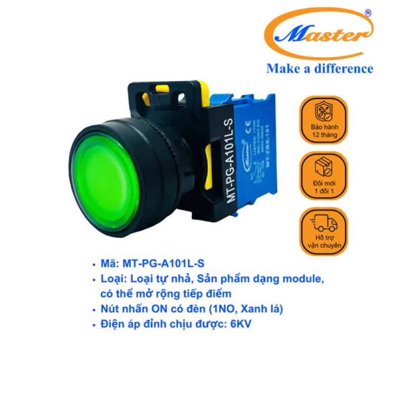 Nút Nhấn ON Có Đèn Màu Xanh Lá Master - Loại Tự Giữ