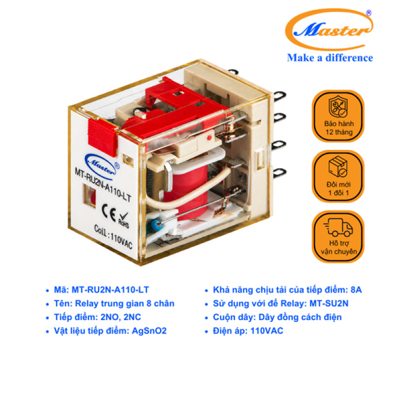 Relay Trung Gian 8 Chân 110VAC MT-RU2N-A110-LT Master
