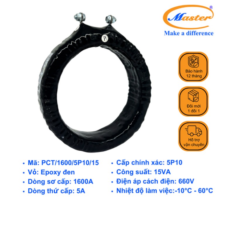 Biến Dòng Bảo Vệ PCT 1600/5A 5P10 15VA Master - Đúc Epoxy Tròn Đen