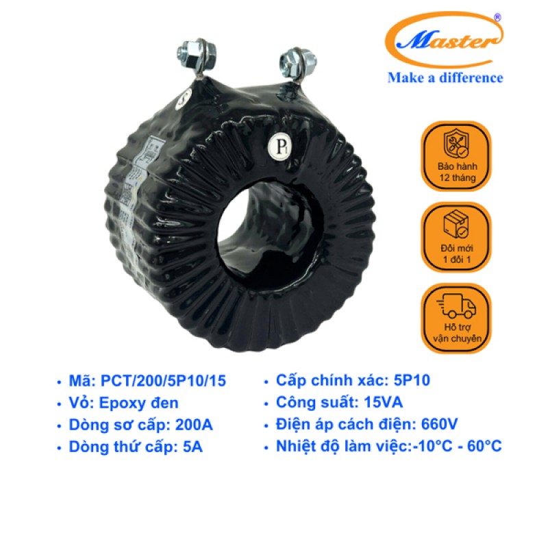 Biến Dòng Bảo Vệ PCT 200/5A 5P10 15VA Master - Đúc Epoxy Tròn Đen