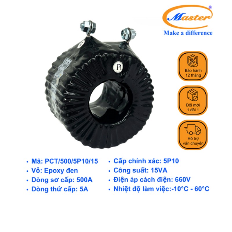 Biến Dòng Bảo Vệ PCT 500/5A 5P10 15VA Master - Đúc Epoxy Tròn Đen