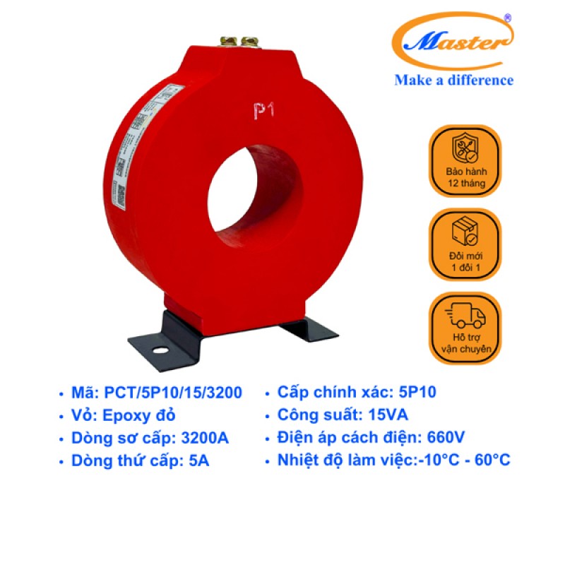 Biến Dòng Bảo Vệ PCT Đỏ 3200/5A CL5P10 15VA Master (Loại Tròn)