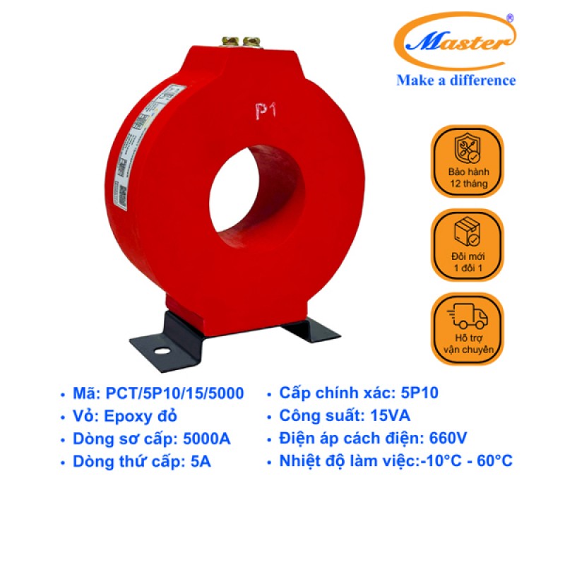 Biến Dòng Bảo Vệ PCT 5000/5A 5P10 15VA Master - Đúc Epoxy Tròn Đỏ