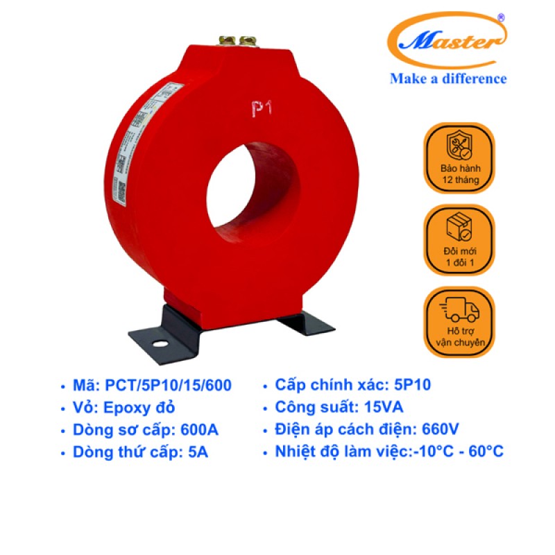 Biến Dòng Bảo Vệ PCT 600/5A 5P10 15VA Master - Đúc Epoxy Tròn Đỏ