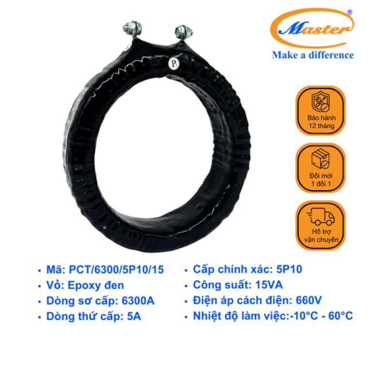 Biến Dòng Bảo Vệ PCT 6300/5A 5P10 15VA Master - Đúc Epoxy Tròn Đen